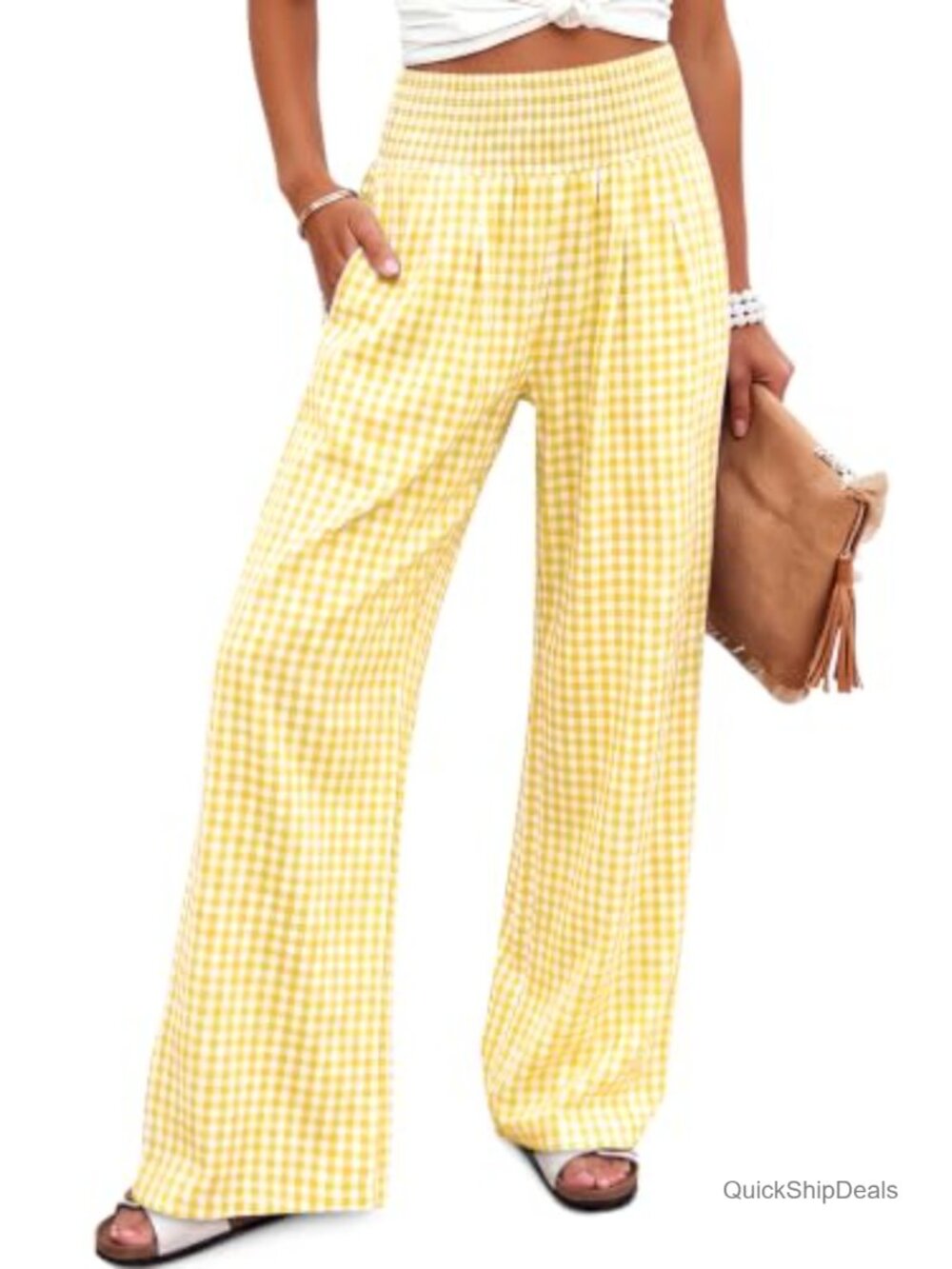 Womens Wide Leg Palazzo Pants Smocked Waist Gingham Stripe Lightweight Pocket